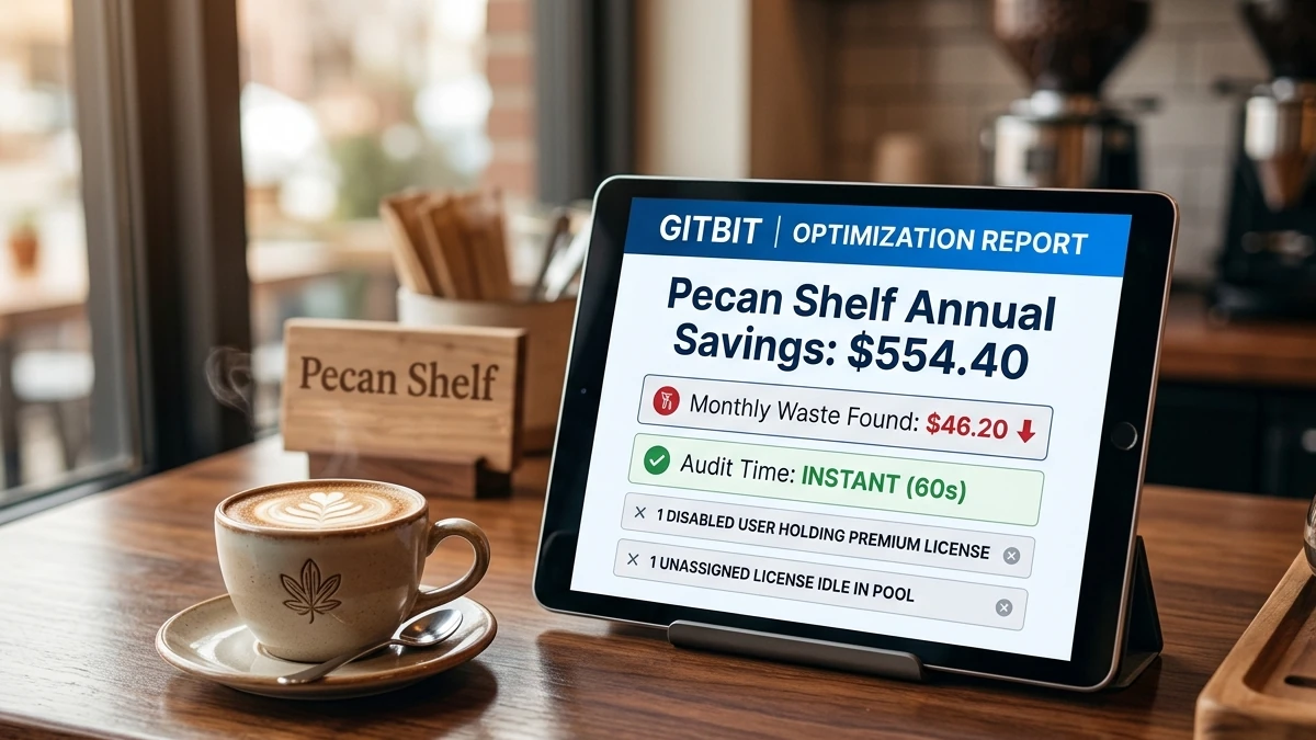 tablet sitting on a coffee table that says 'Gitbit Optimization Report: Pecan Shelf Saves $554'