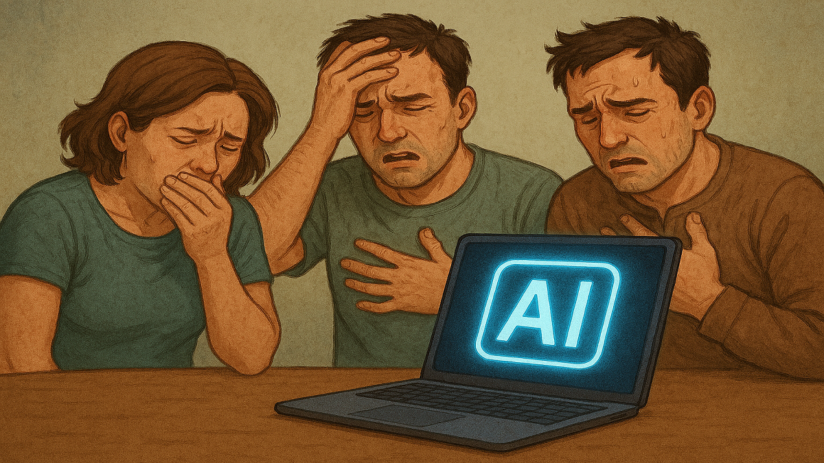 3 people that are ill sitting around a computer that says AI hinting that AI is hurting people.