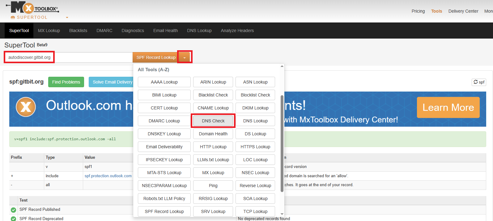 Screenshot showing how to check the autodisover record in MX Toolbox