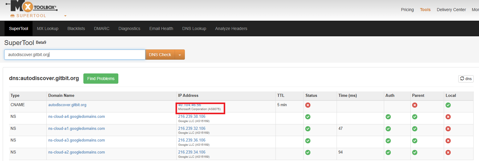 Screenshot of MX Toolbox showing the Autodiscover record is pointing to Microsoft 365