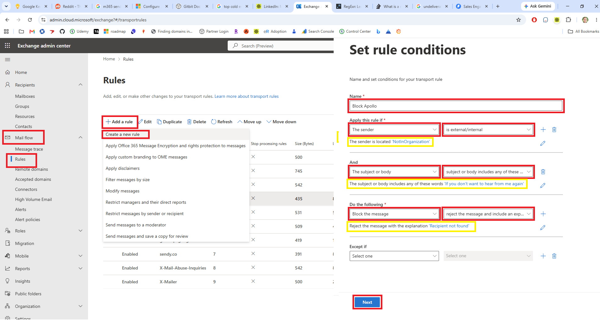Screenshot showing how to create an Exchange Online mail flow rule to block all emails sent through the CRM Apollo
