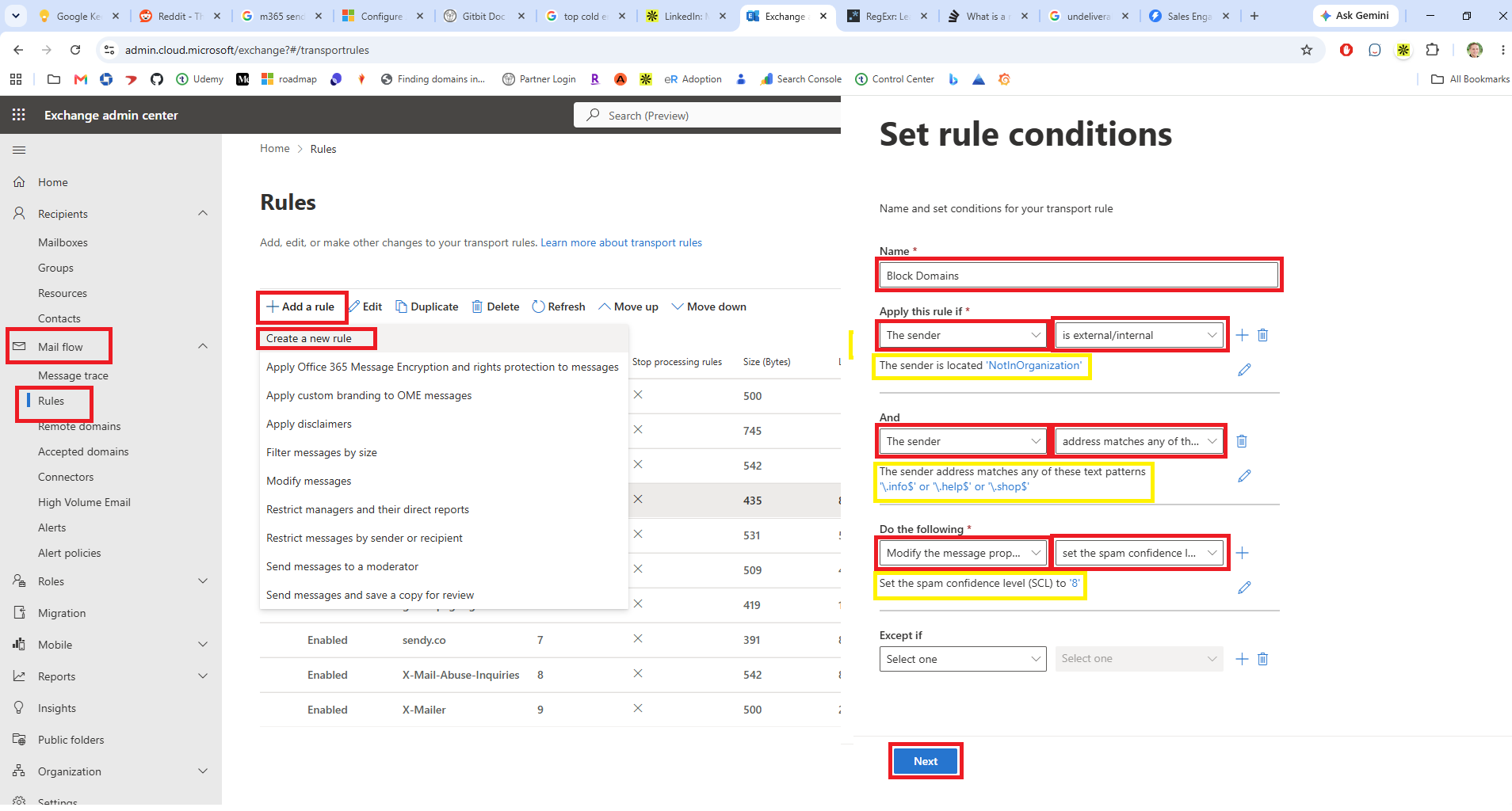 Screenshot showing how to create an Exchange Online mail flow rule to block all emails sent from a Info, Help, or Shop domain