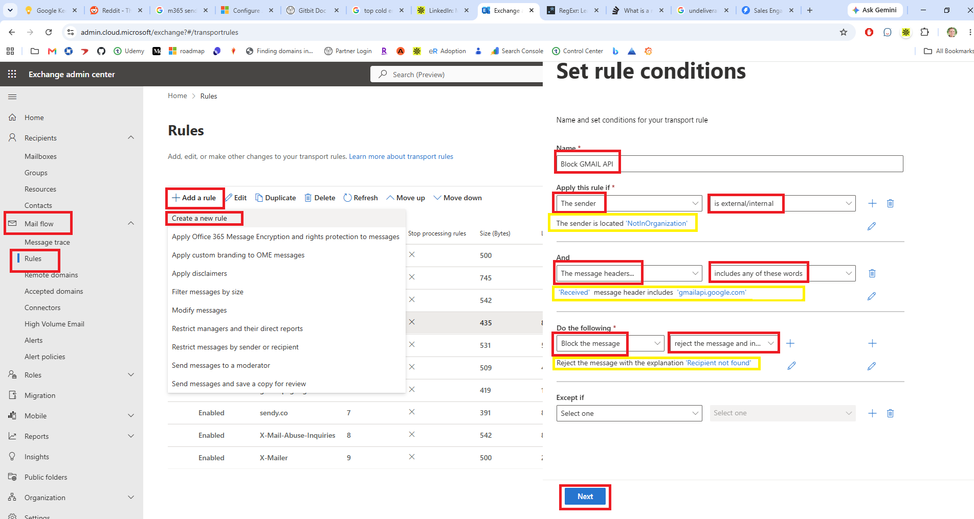Screenshot showing how to create an Exchange Online mail flow rule to block all emails sent through the Gmail API
