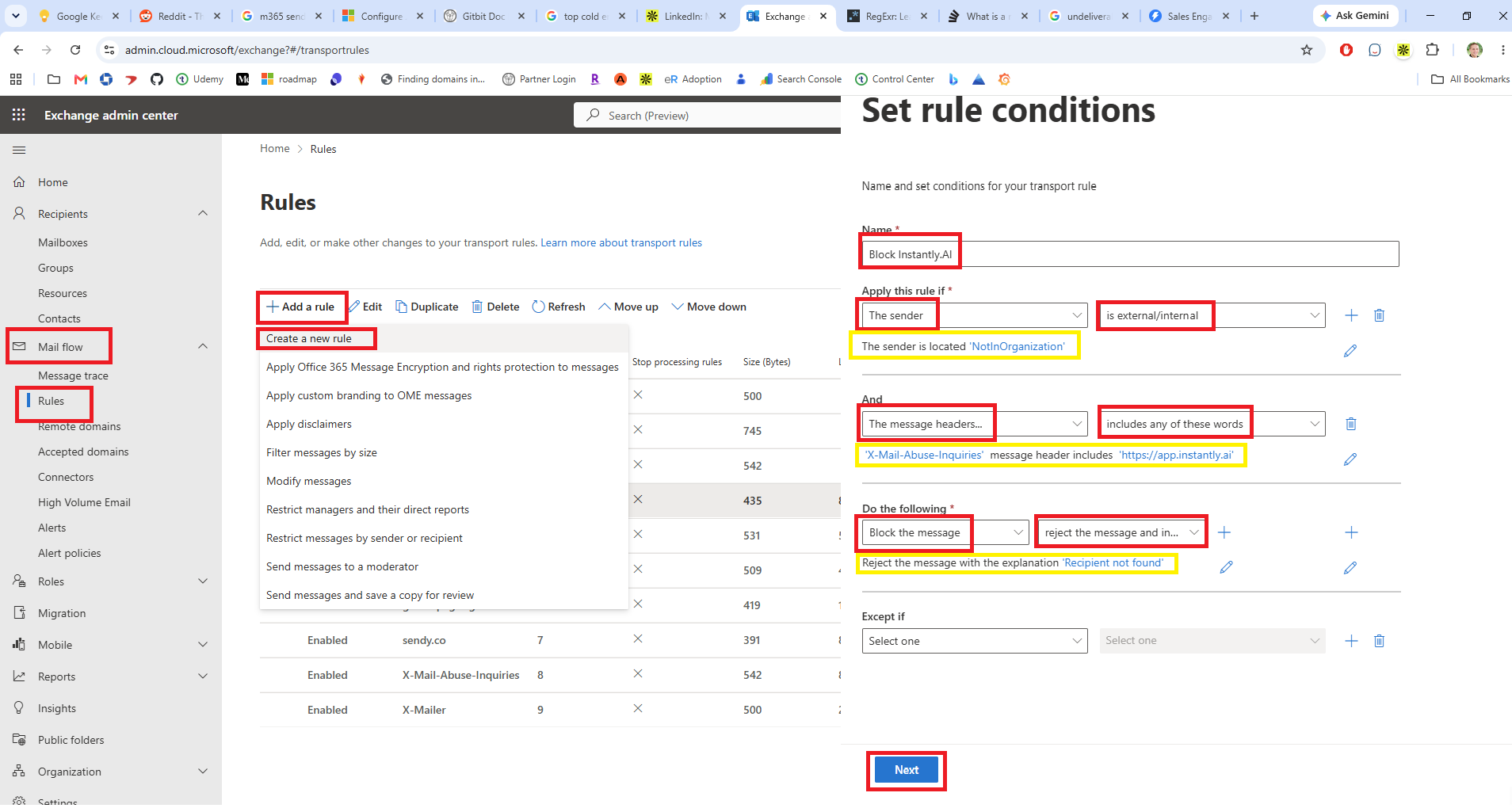 Screenshot showing how to create an Exchange Online mail flow rule to block all emails sent through the CRM instantly.ai