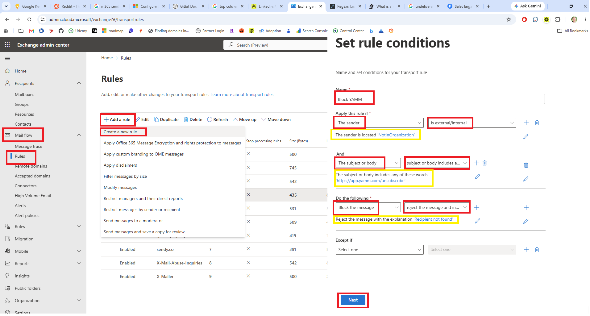 Screenshot showing how to create an Exchange Online mail flow rule to block all emails sent through Yamm (Mail Merge for Gmail)