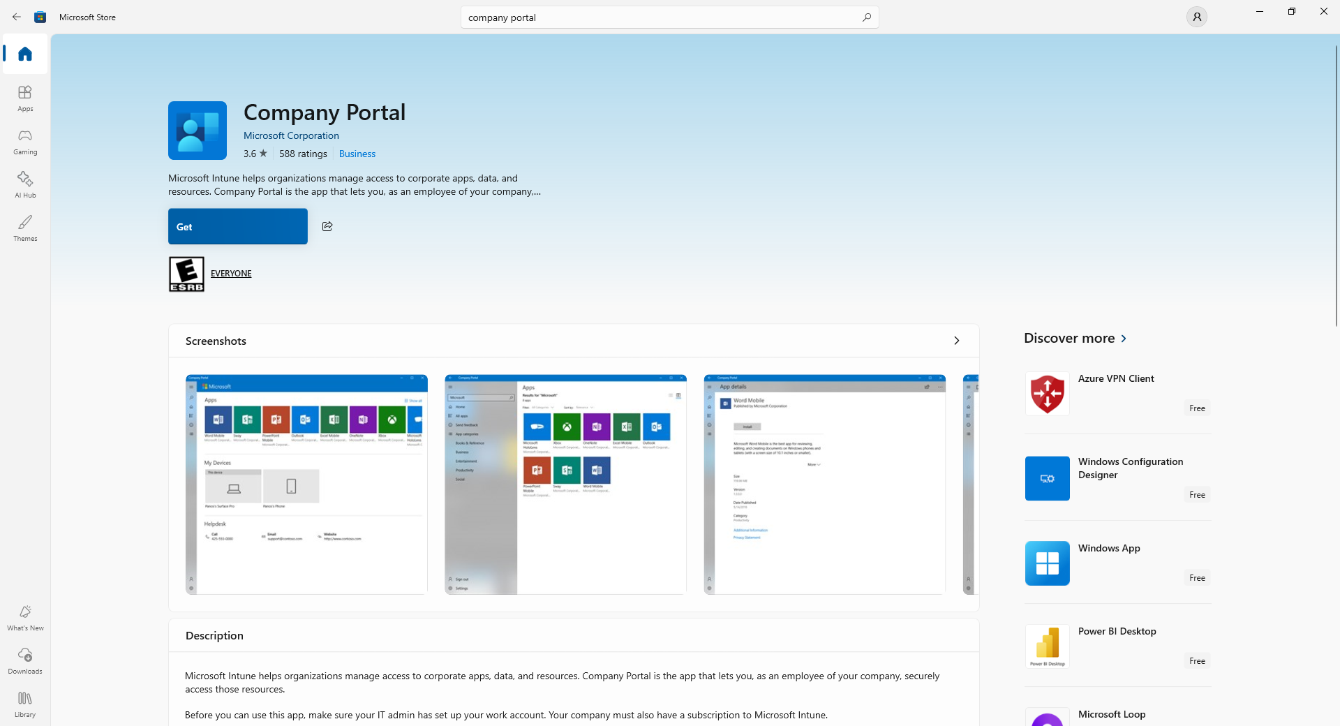 Screenshot of the Company Portal app inside the Microsoft Store for Windows 11