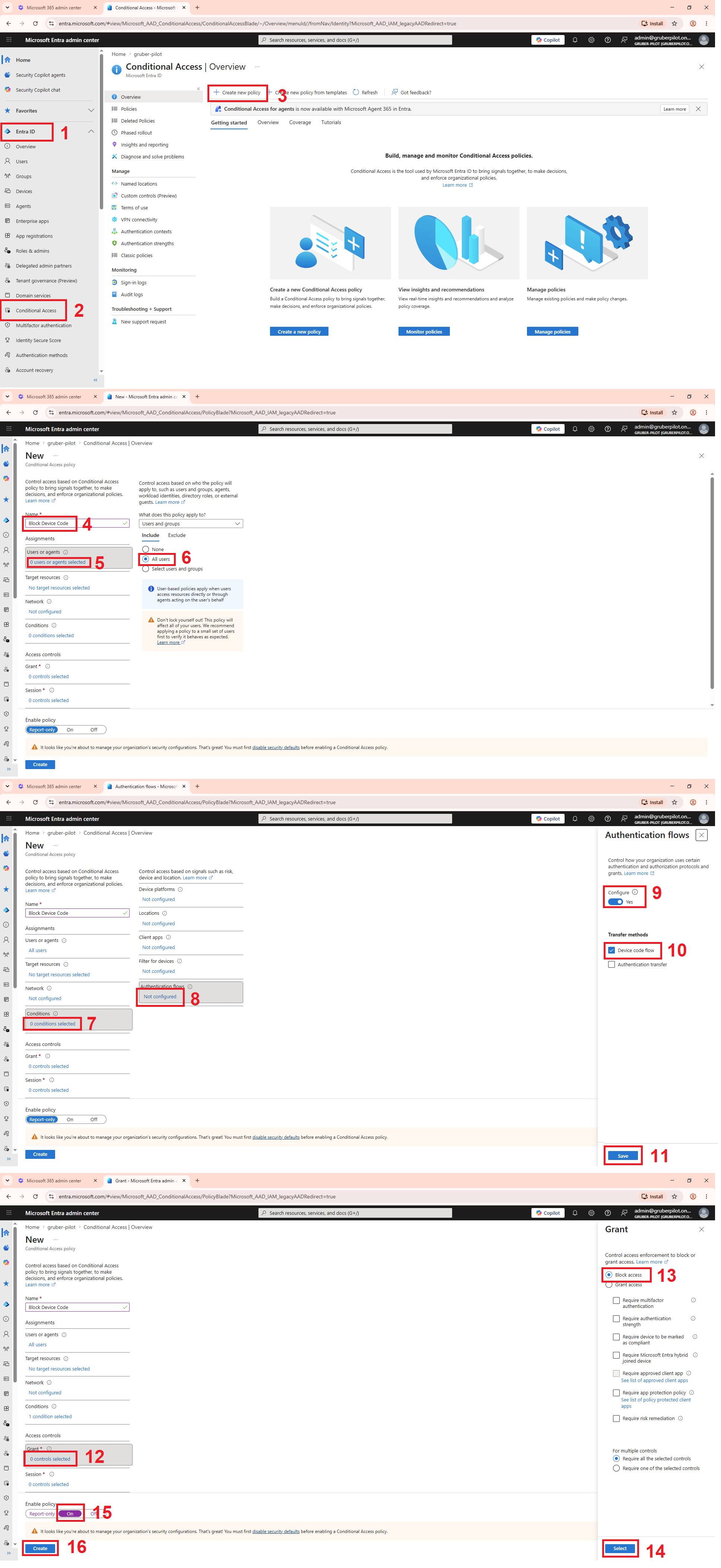 Screenshots showing how to block device code authentication in Microsoft 365 using Conditional Access Policies