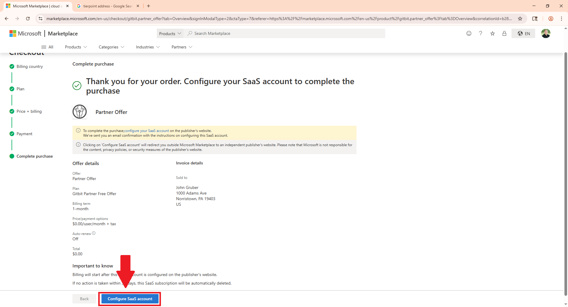 screenshot showing the configure saas account in the Microsoft Marketplace