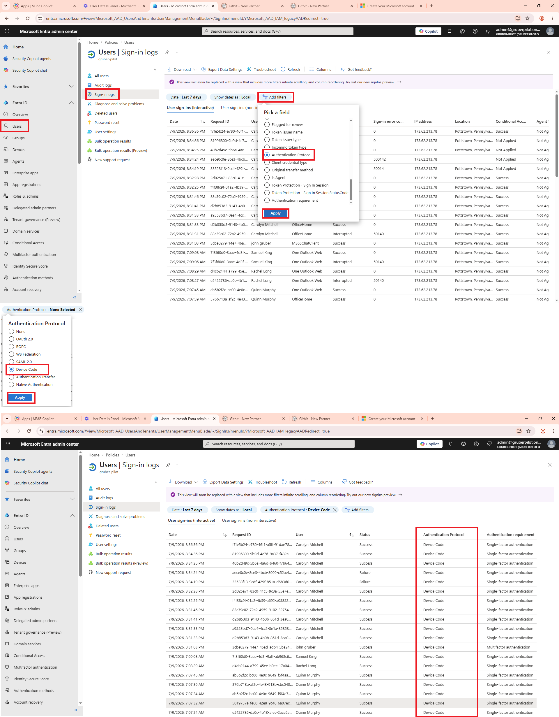 Screenshots showing how to view sign ins to Microsoft 365 using Device Code Authentication.