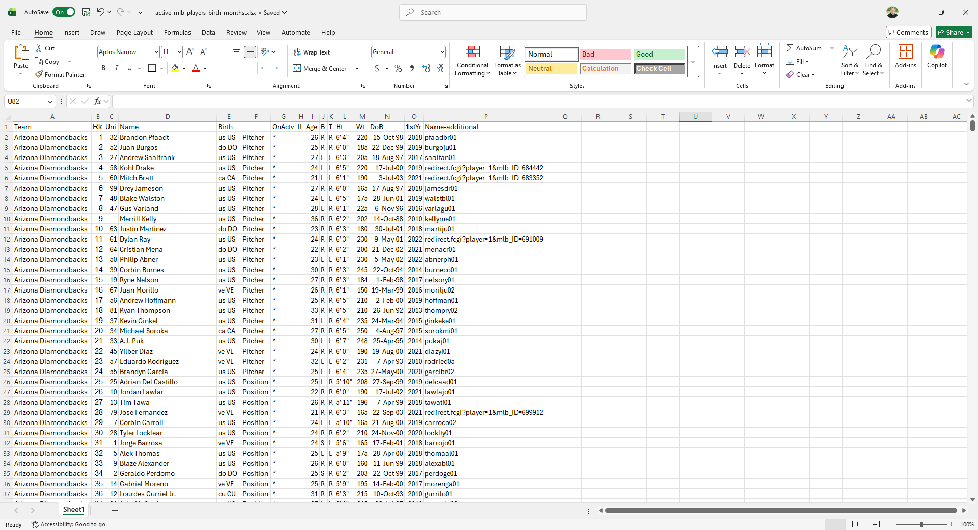 Screenshot showing active MLB players in Excel