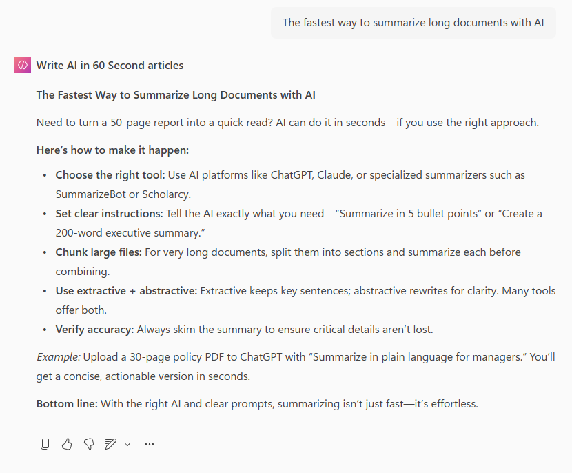 screenshot of AI agent being prompted to write an article with my specifications