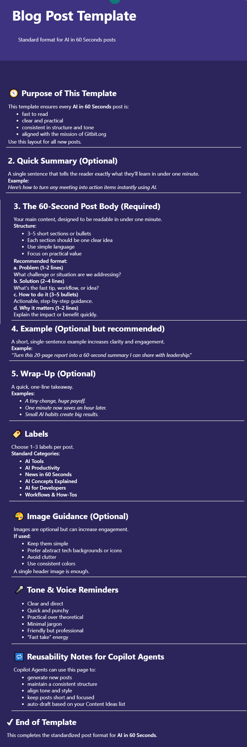 Screenshot of the Blog Post Template that Copilot recommended for instructions for an AI agent