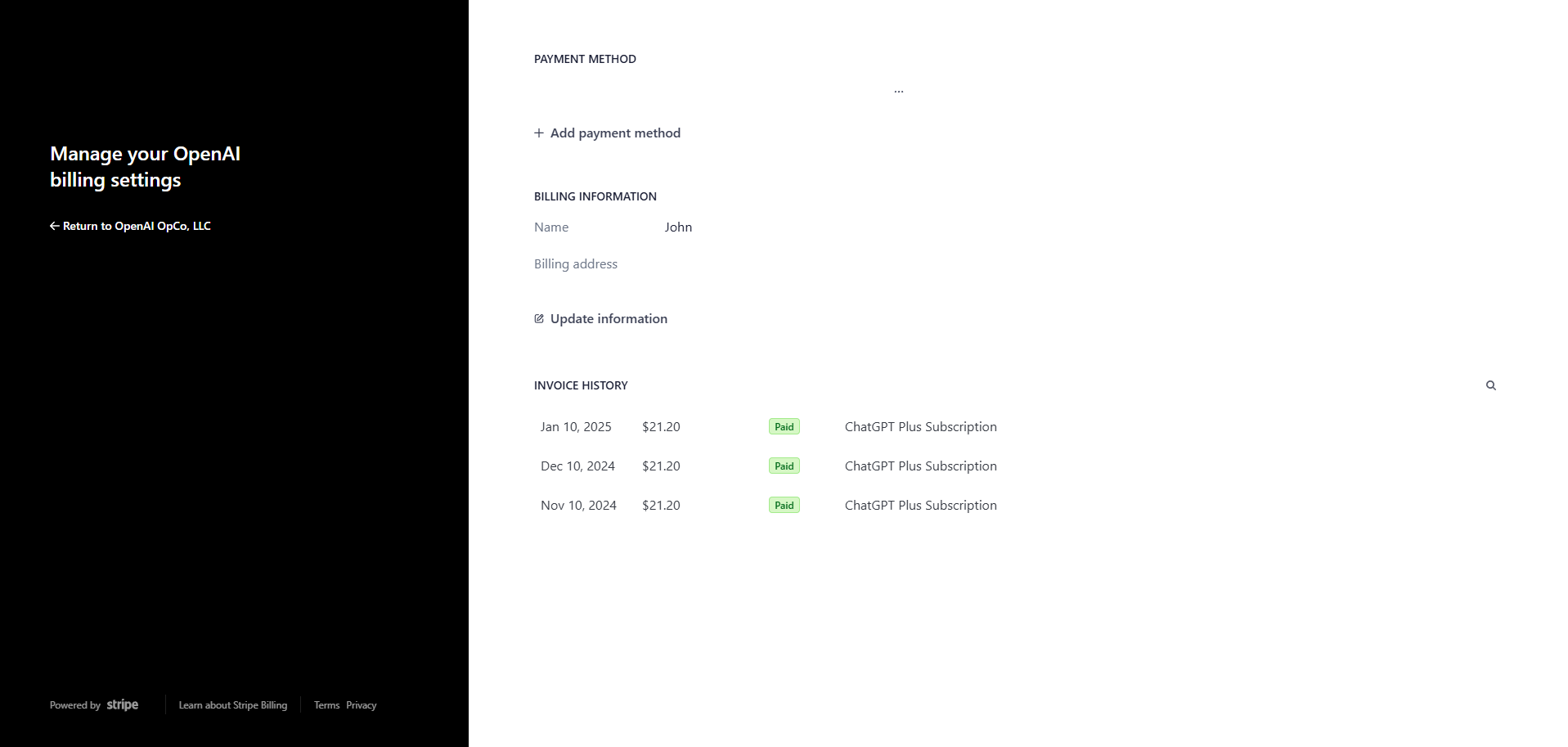 Screenshot showing my purchase of ChatGPT Plus