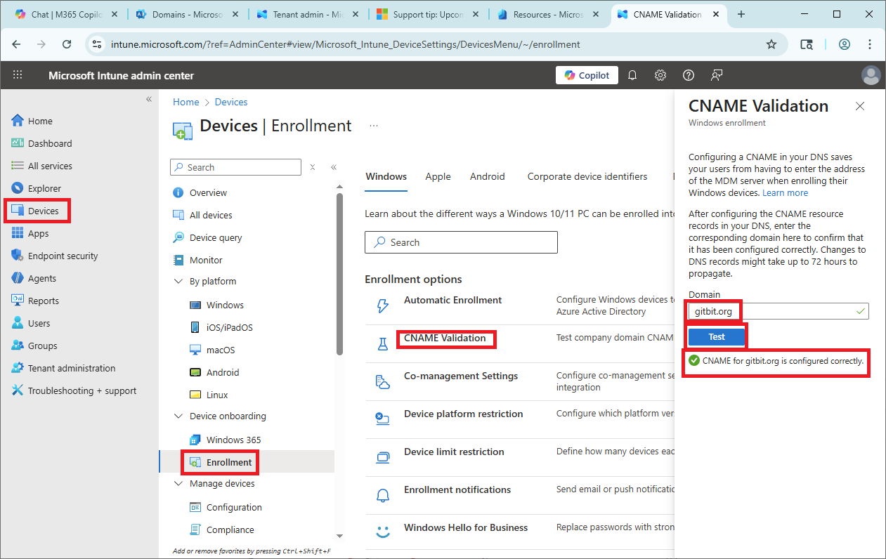 Screenshot showing Intune admin center CNAME validation working