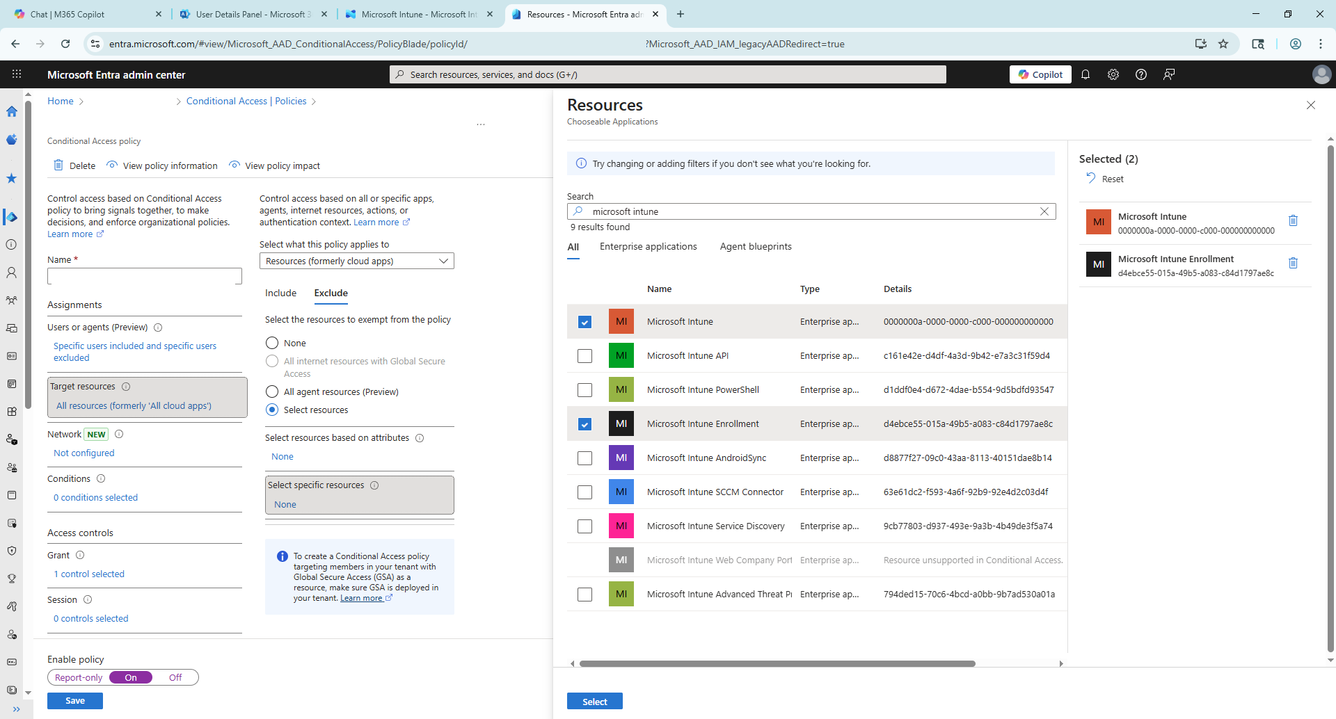 Screenshot of a Conditional Access policy excluding Intune and Intune enrollment
