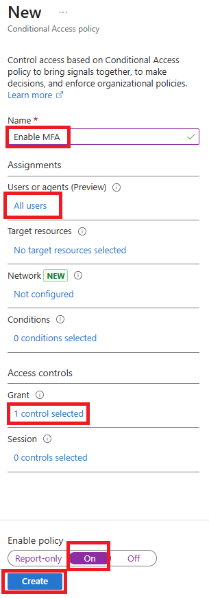 Screenshot showing how to enable MFA using conditional access policies