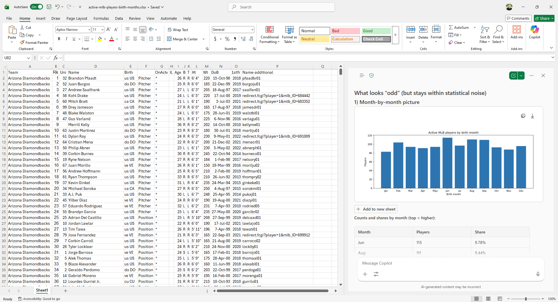 Screenshot of Excel with Copilot