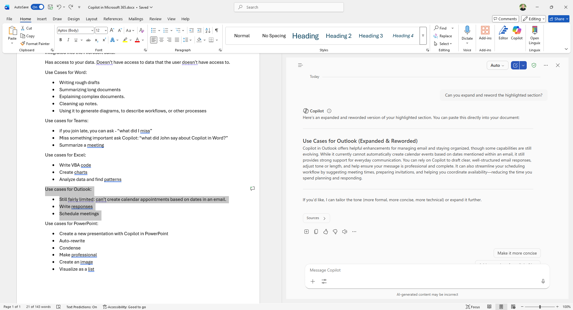 Screenshot showing Copilot in Word focusing on a highlighted section of text