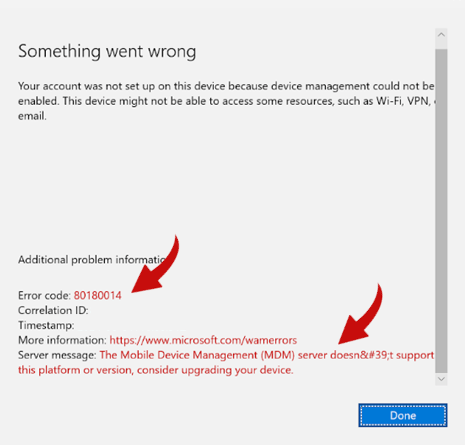 Screenshot of the device management could not be enabled error on Windows 11 