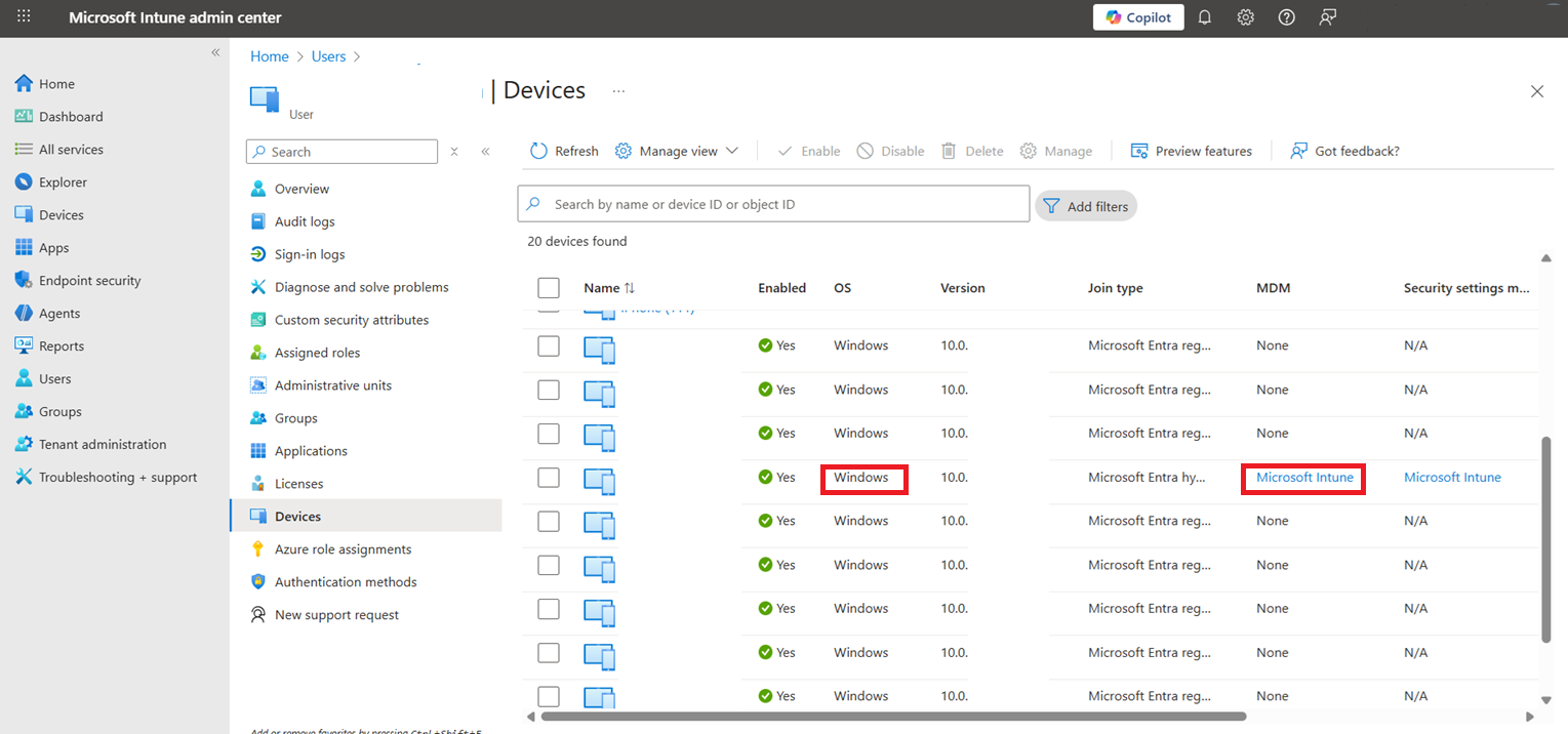 Screenshot showing the number of devices a user has enrolled in Intune
