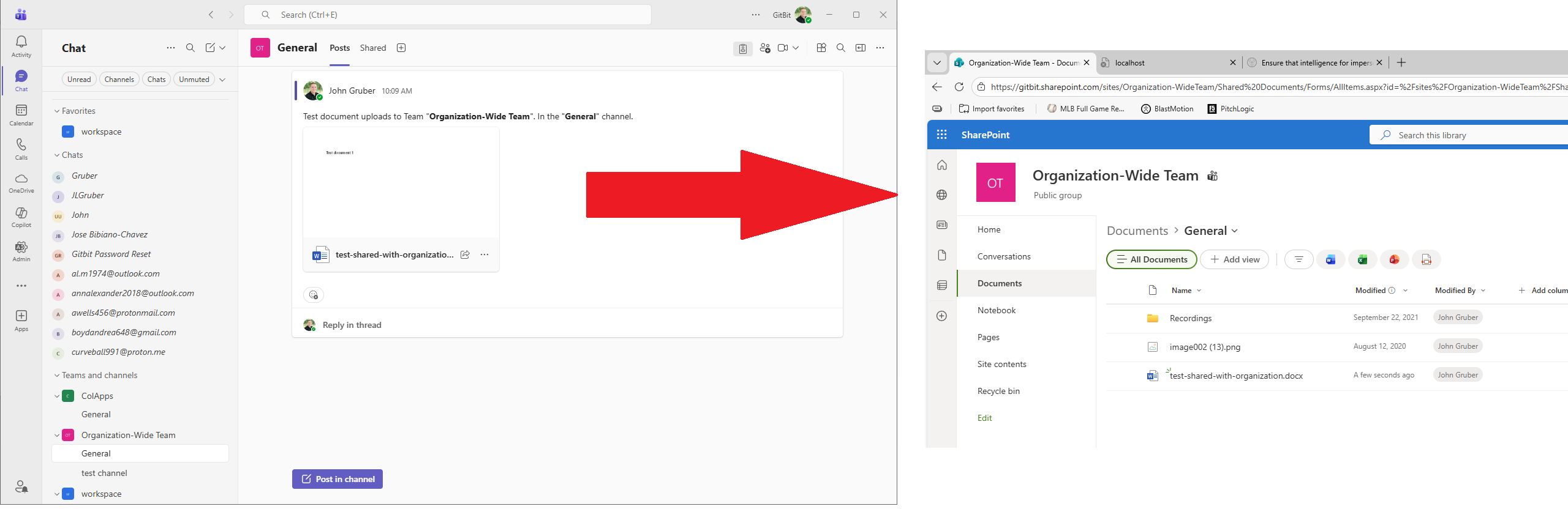 Screenshot showing a document shared in a Microsoft Teams channel being saved in the SharePoint site created for that team.
