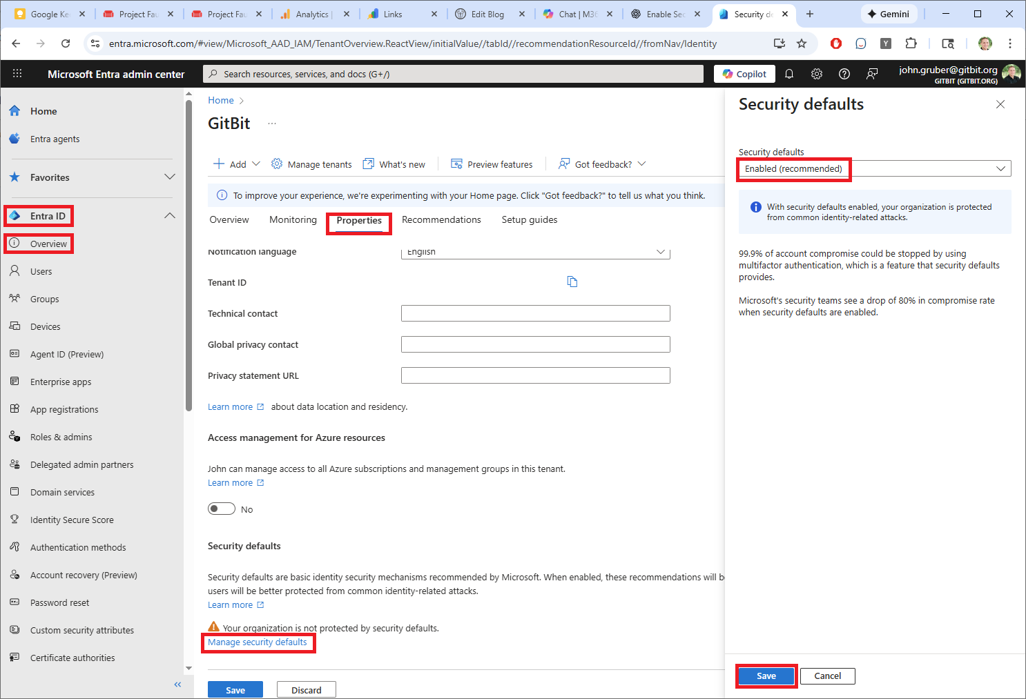 screenshot showing how to enable/disable security defaults in Microsoft 365