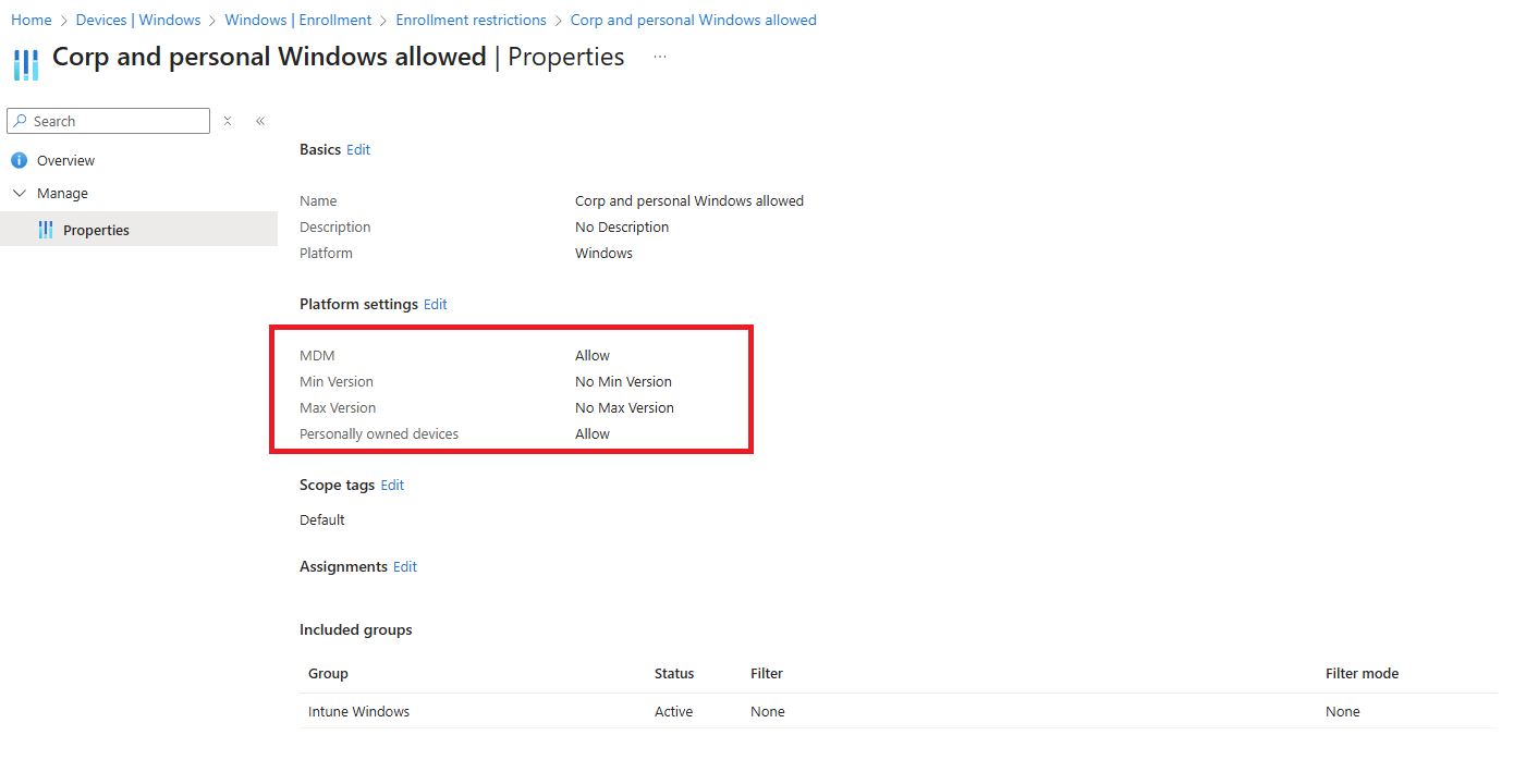 Screenshot of the Microsoft Intune enrollment restrictions being applied to Windows devices