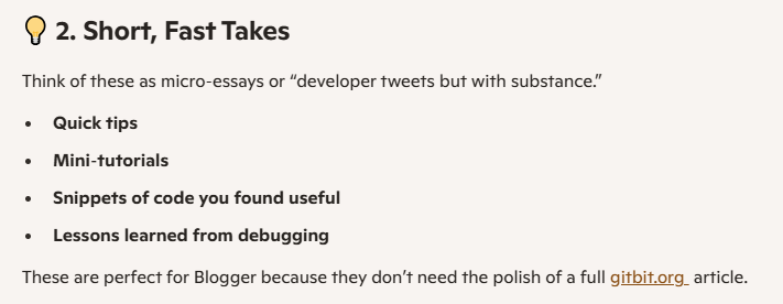 screenshot from Copilot offering me an idea for a new blog: short, fast takes