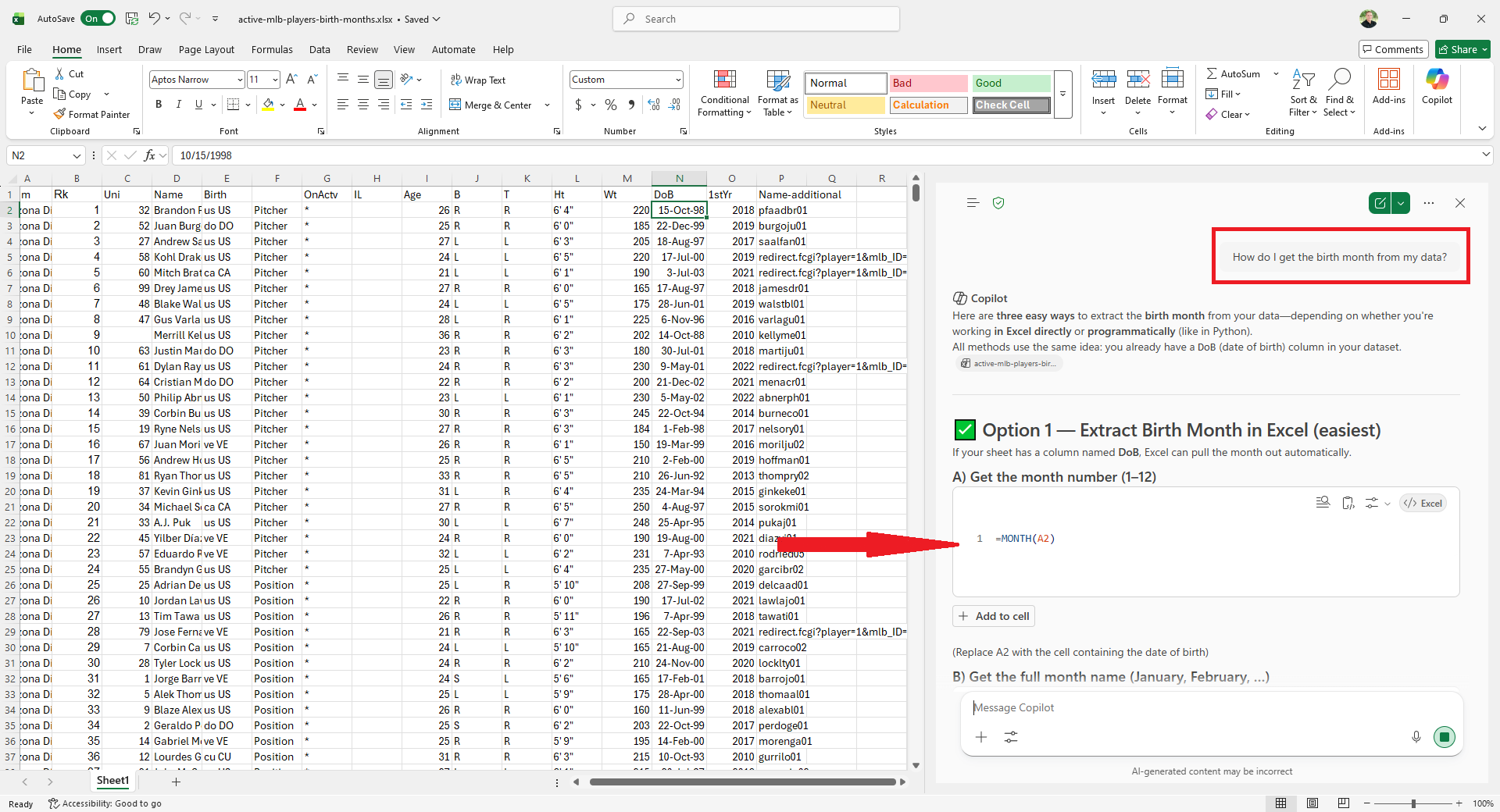 Screenshot of how to get formulas for Excel using Copilot