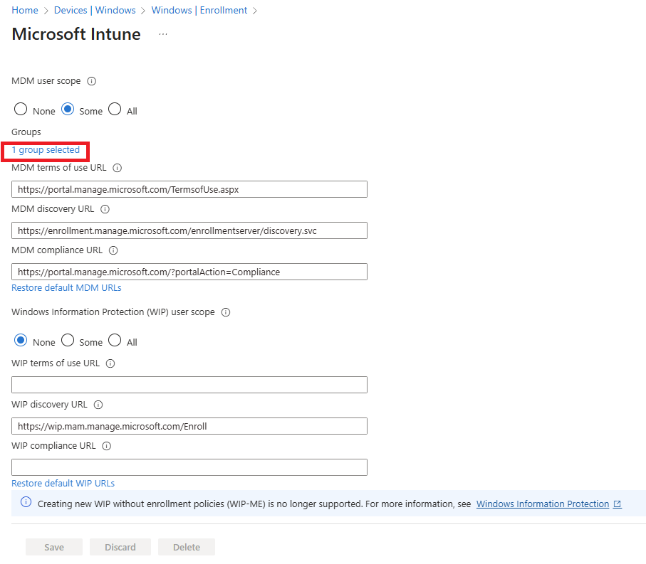 Screenshot of the Microsoft Intune Automatic Enrollment URLs and restriction by group