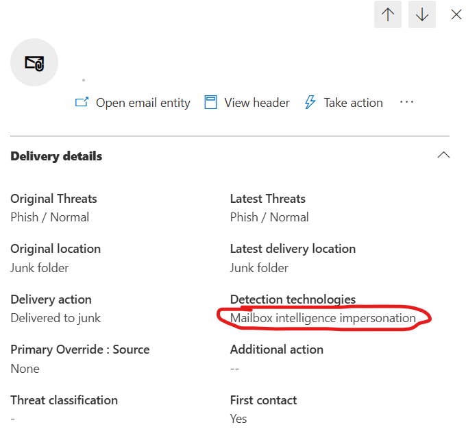 screenshot showing an email blocked by mailbox intelligence