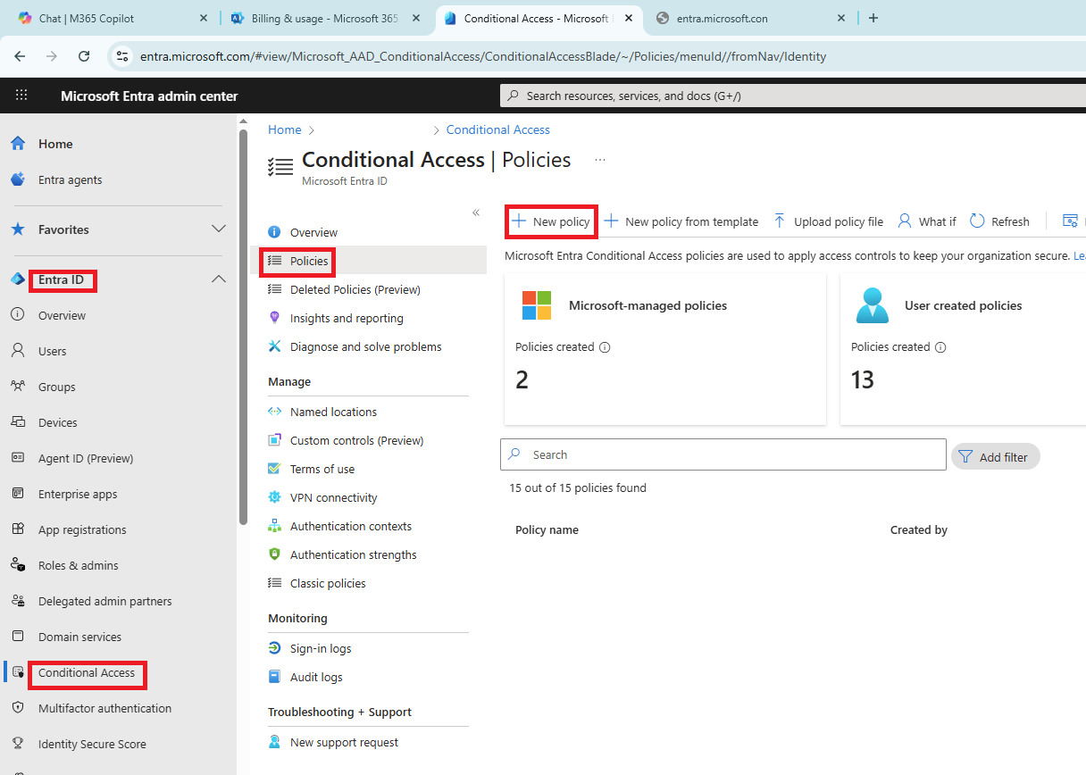 Screenshot showing how to create a conditional access policy