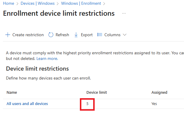 Screenshot showing the device enrollment limit set in Microsoft Intune