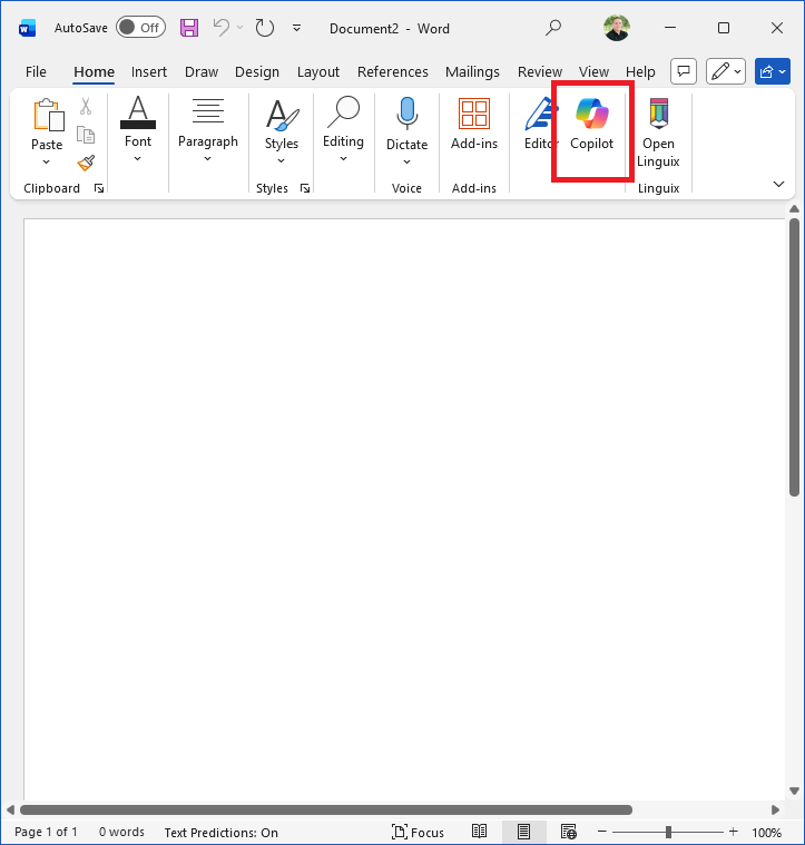 Screenshot of Microsoft Word with the Microsoft 365 Copilot button circled.