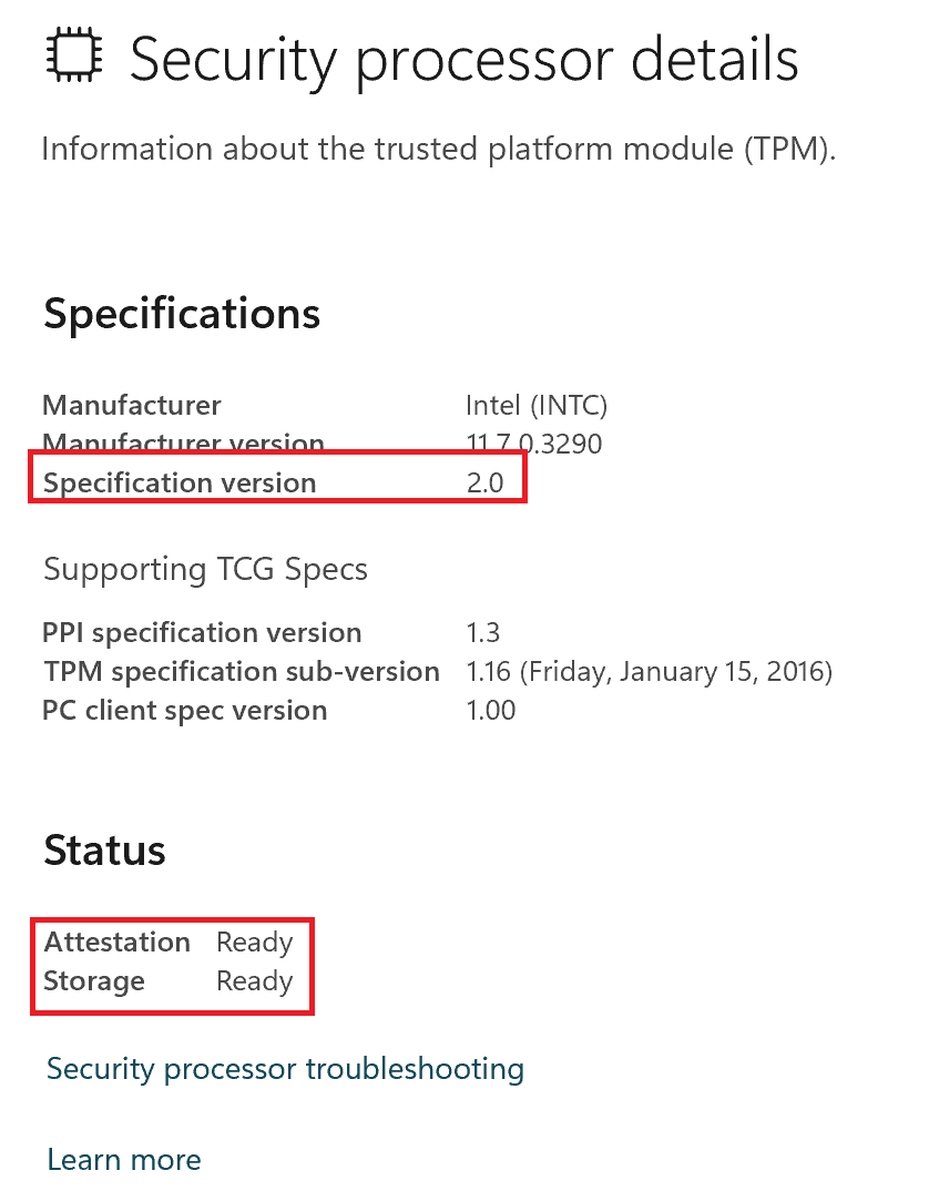 Screenshot of TPM being up-to-date and functional in order to enroll in Intune