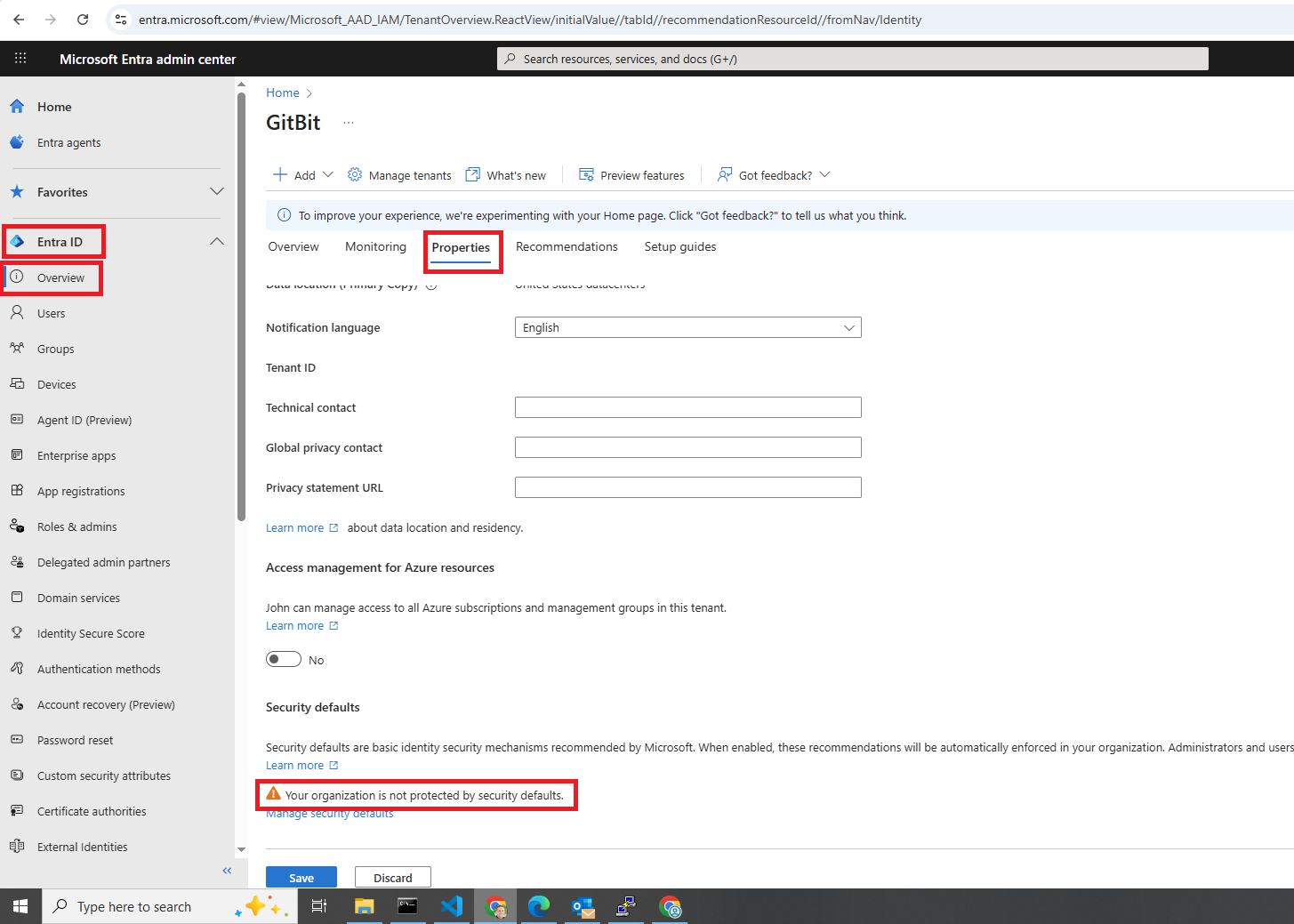 Screenshot showing security defaults is disabled