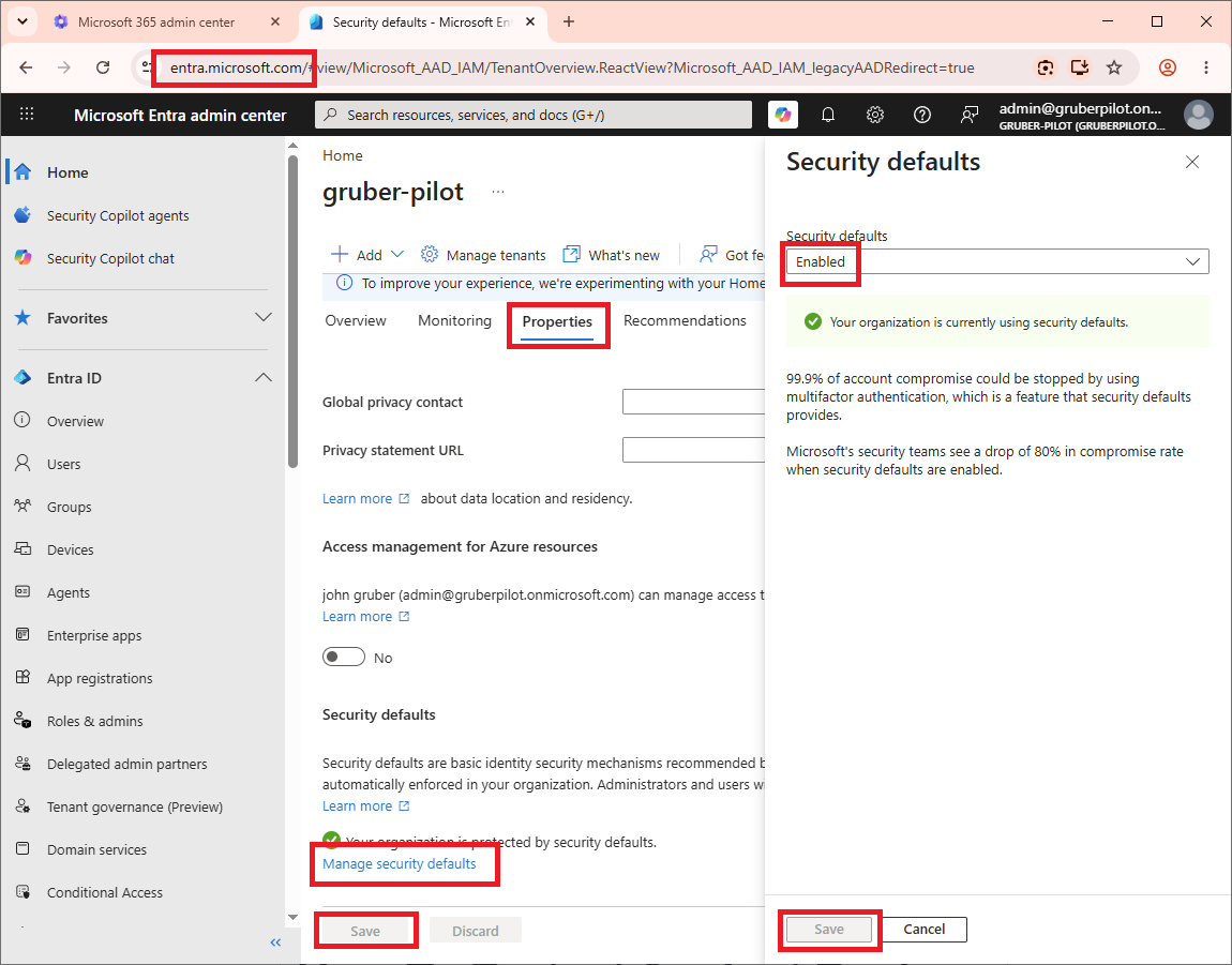 Screenshot showing how to enable security defaults in the Microsoft Entra Admin Center