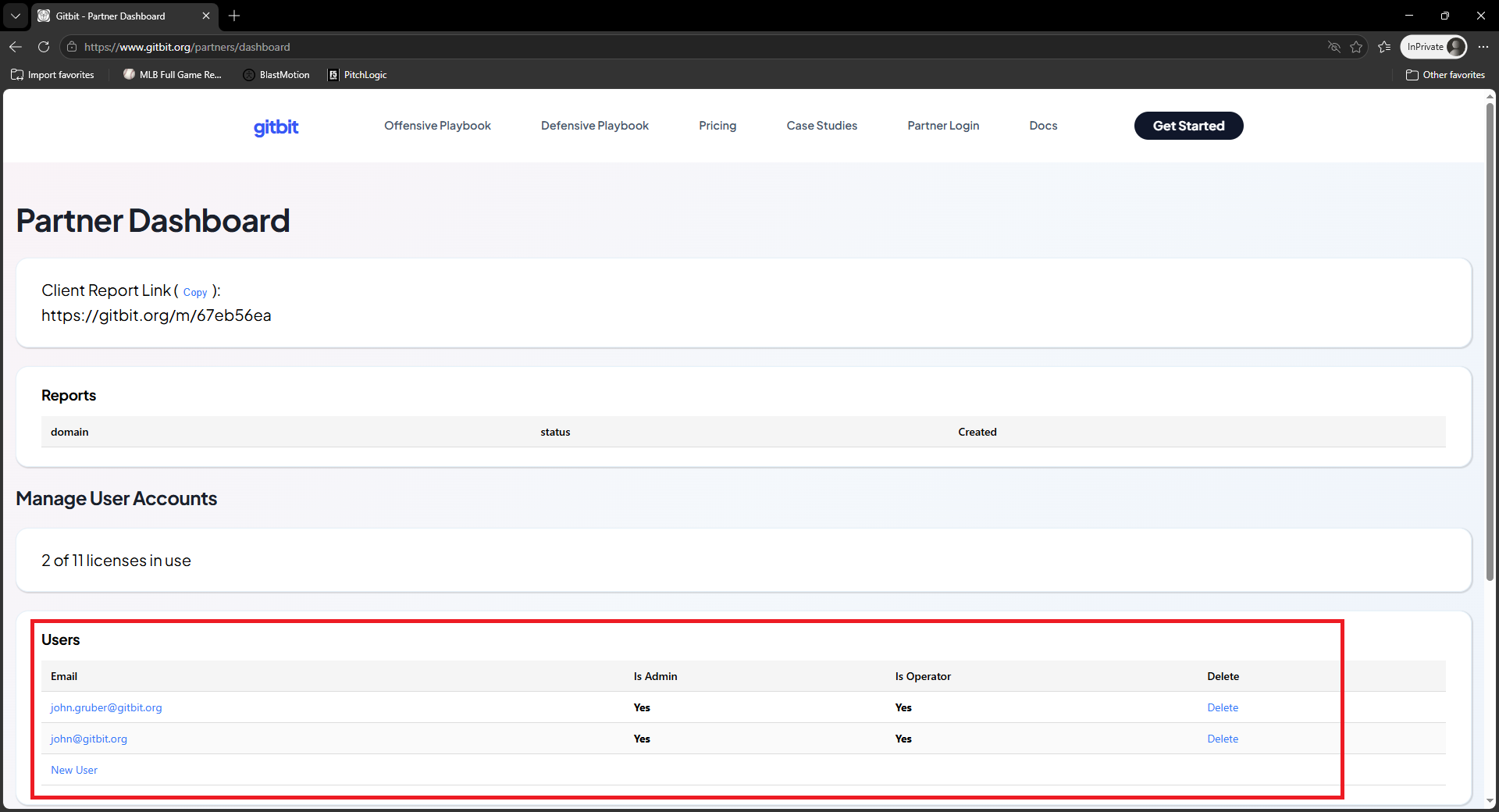 Screenshot showing the Gitbit Dashboard with the users section highlighted