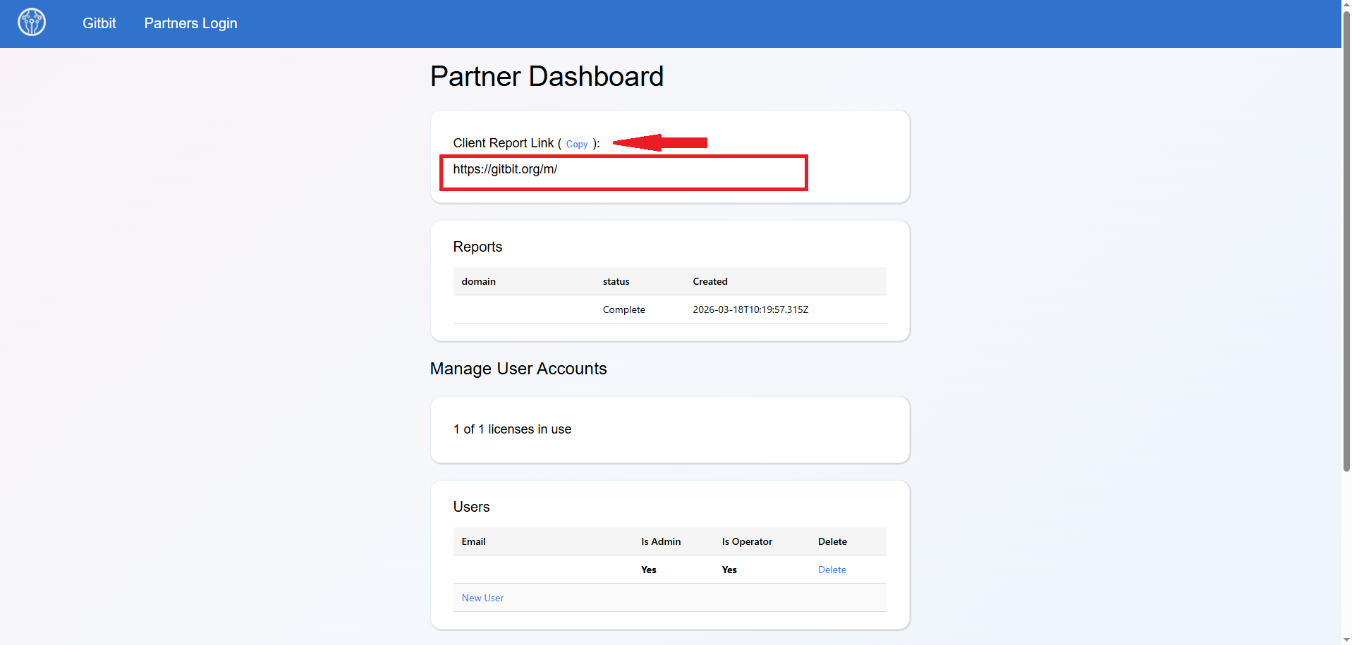 Screenshot of the Gitbit Dashboard showing the Client Report Link circled with an arror pointing to the copy button