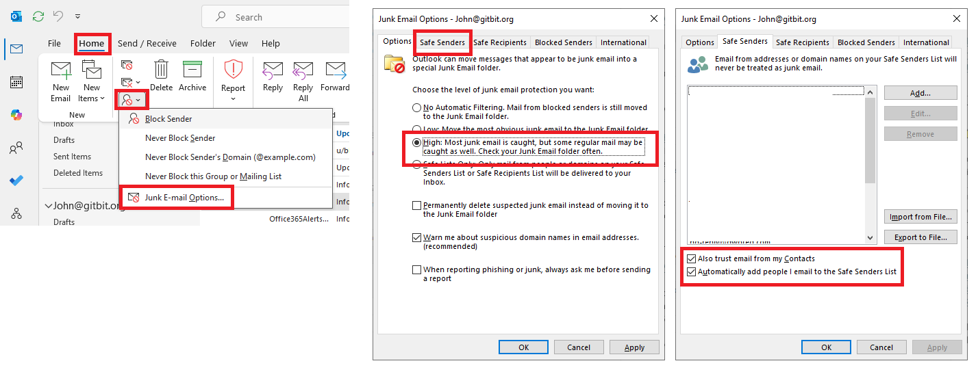 Screenshot showing how to set Outlook to block large amounts of SPAM using the "Junk Email Filtering" option set to High