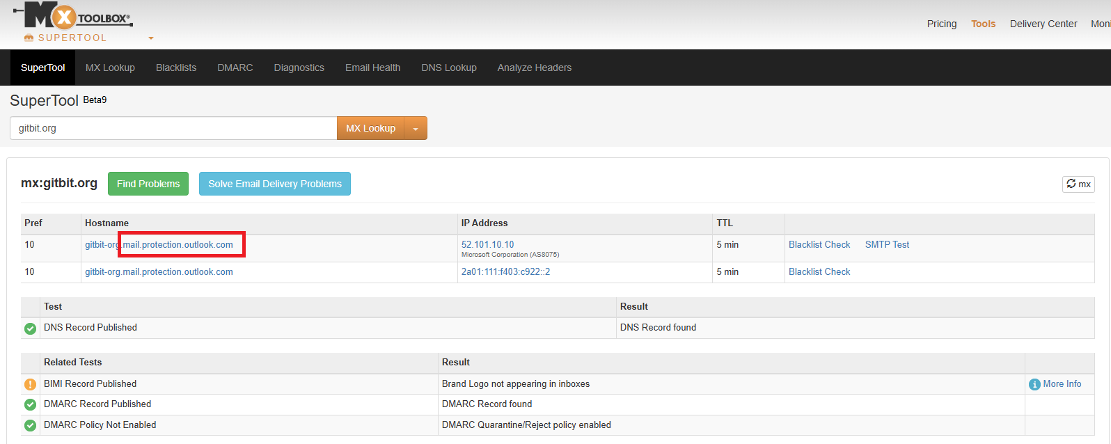 Screenshot of MX Toolbox showing the MX record circled