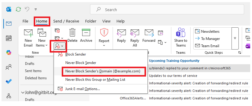 Screenshot showing how to allow someone's emails to end up in your Inbox instead of your Junk email folder.