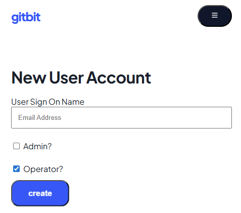 Screenshot showing the new user form in Gitbit