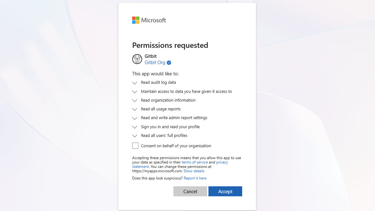 Screenshot showing the exact permissions required to run a Gitbit report