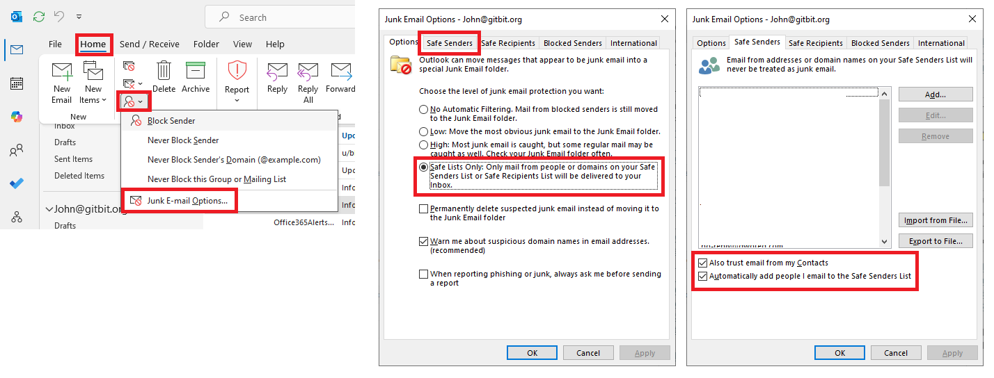 Screenshot showing how to set the Outlook junk email filtering so only senders in your safe senders list show up in your Inbox