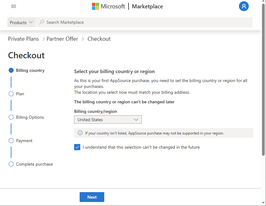 screenshot showing how to set billing country in the Microsoft Marketplace