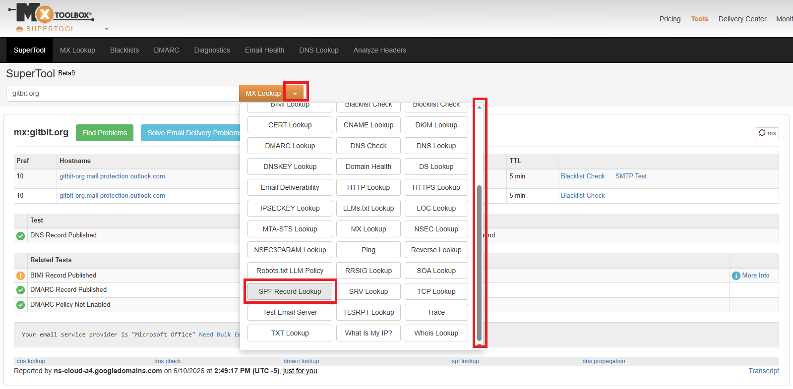 Screenshot showing how to use MX Toolbox to lookup a companies SPF record