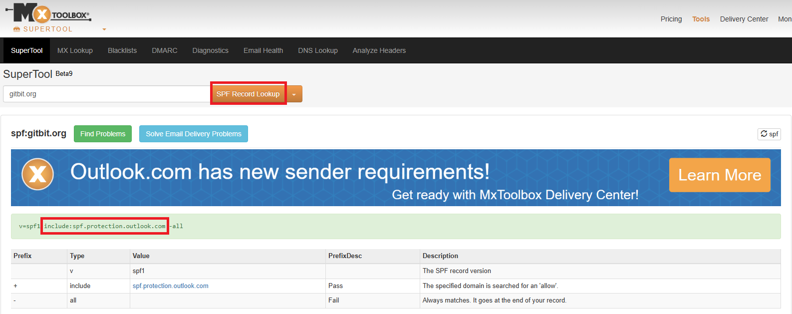 screenshot of MX Toolbox showing an SPF record pointing to Microsoft 365