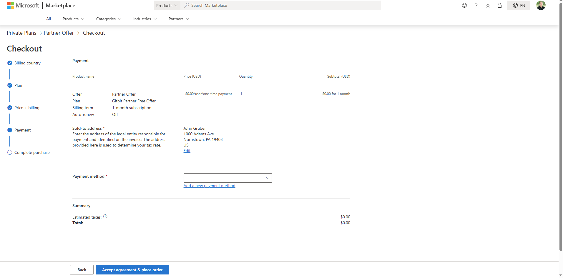 screenshot showing how to add your credit card to the microsoft marketplace