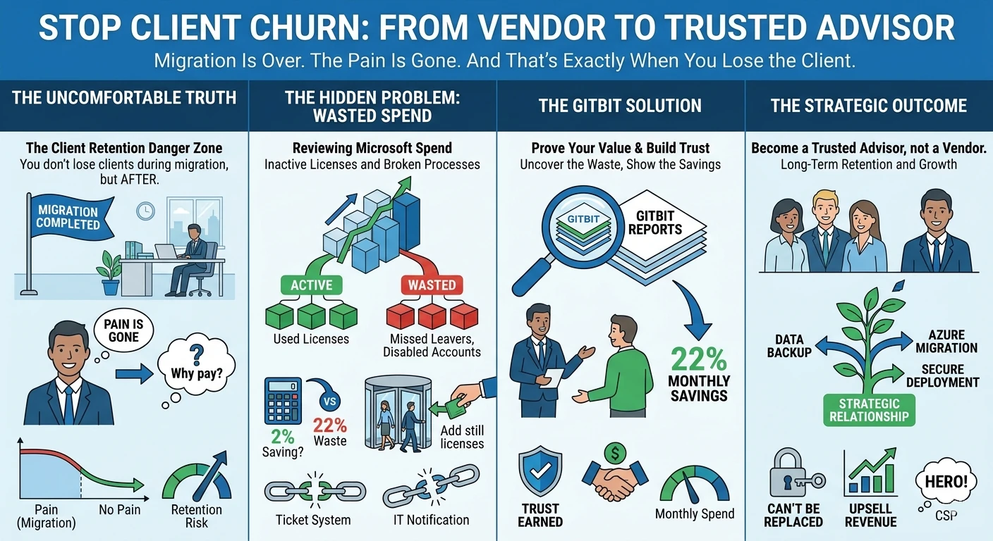 Diagram showing how to stop Microsoft 365 customers from leaving using a simple report to build trust and become an advisor.